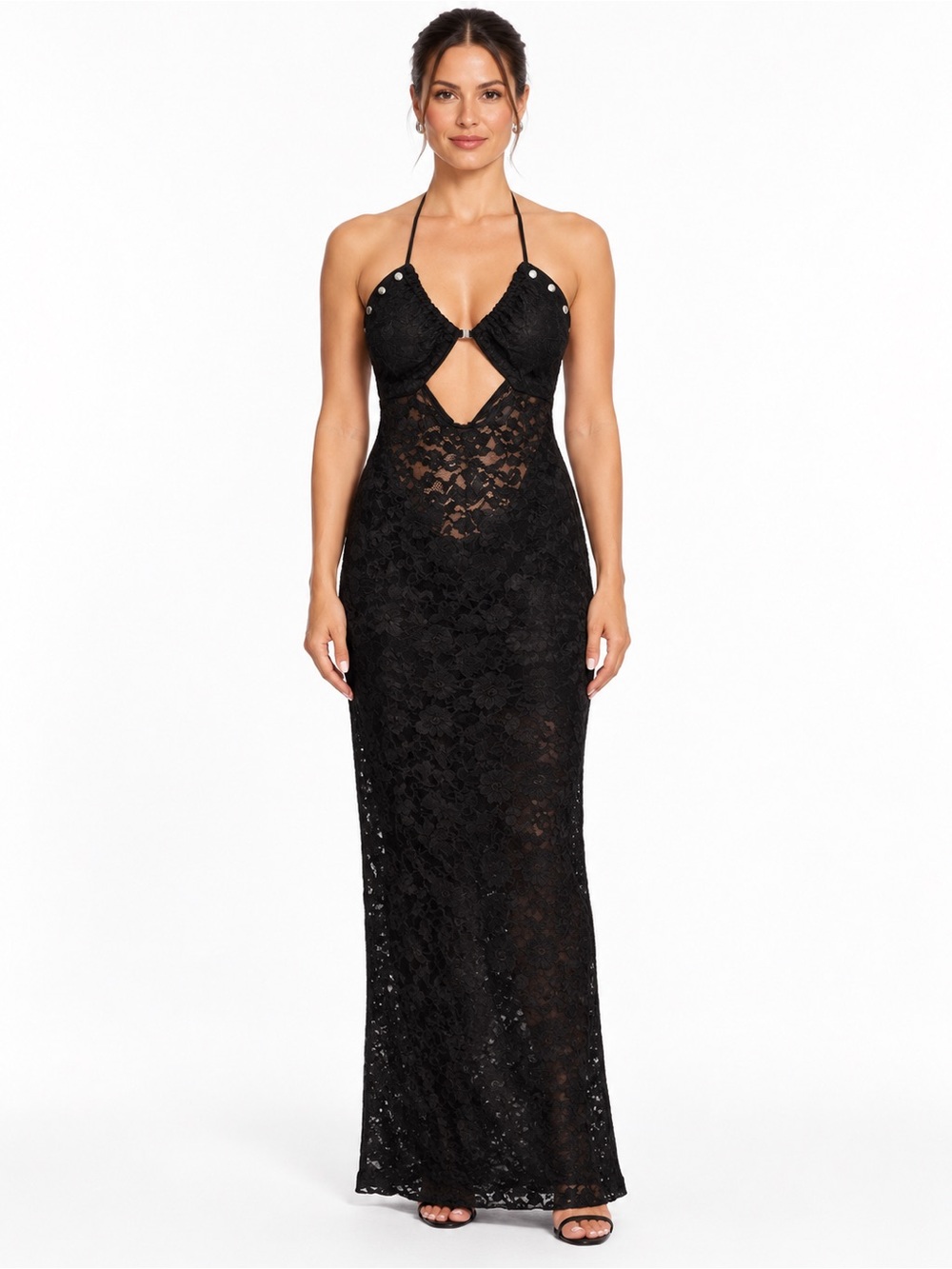 Outcast Black Lace Maxi Dress Small Halter Cutout Studded Backless Evening Gown